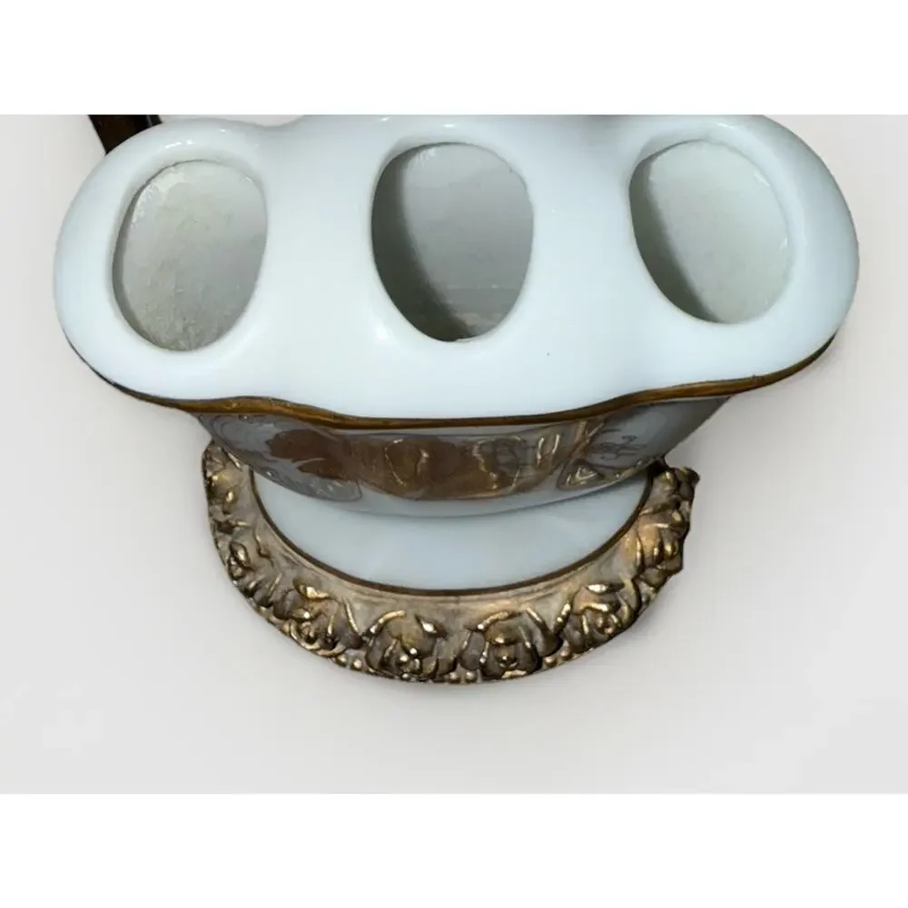 Vintage Heavy porcelain tooth brush holder White With Gold Roses Leaf 3.5 Inch